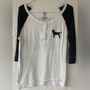 The Black Dog Label white / black cotton, 3/4 sleeve, button up Henley top; M